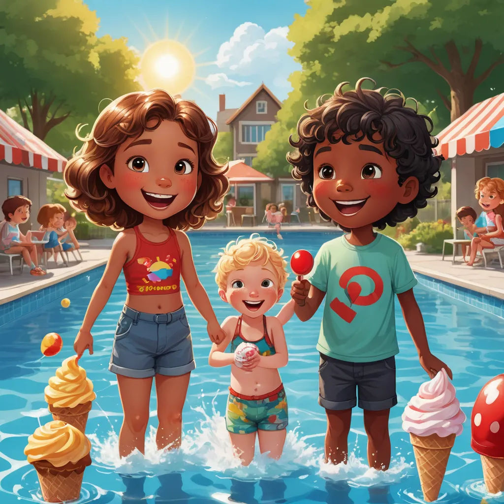 a couple of kids standing in a pool with ice cream cones and an ice cream cone in front of them, sots art, a storybook illustration, Chris LaBrooy, official art