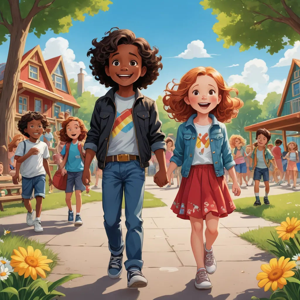 a cartoon of a boy and girl walking down a sidewalk with a group of children behind them and a house in the background, american scene painting, a storybook illustration, Chris LaBrooy, official art