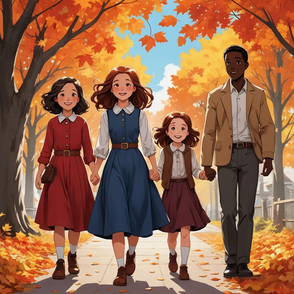 a family of three walking down a leaf covered path in the fall leaves, with a man and two women holding hands, american scene painting, poster art, Anne Said, official art