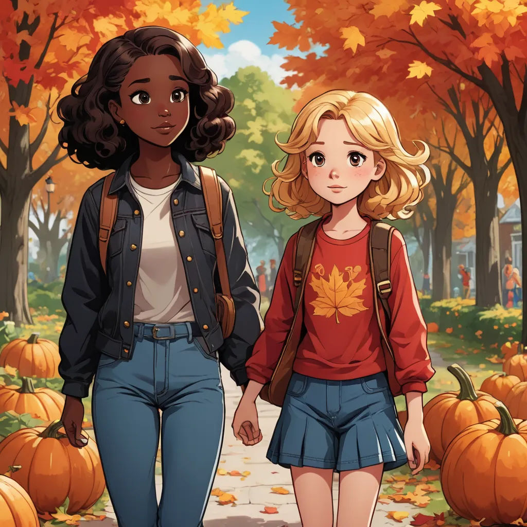 two young girls walking down a path in a park with pumpkins on the ground and trees in the background, american scene painting, a comic book panel, Ada Gladys Killins, official art