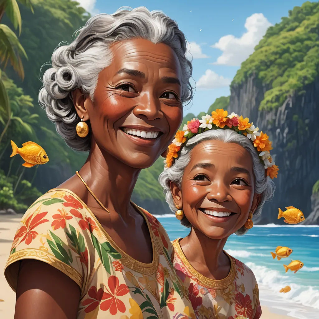 a painting of two women on a beach with fish in the water and a cliff in the background with a sky, fantastic realism, a detailed painting, Chris LaBrooy, highly detailed digital painting