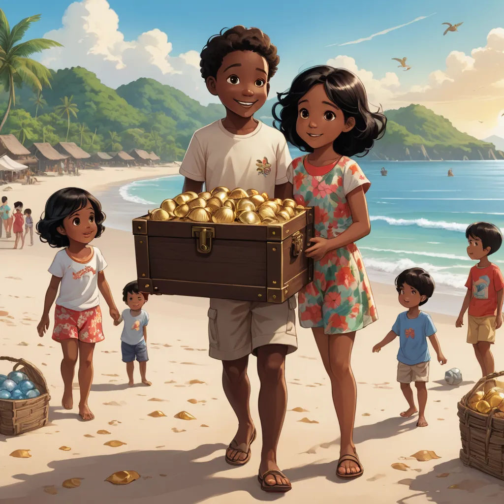 a man and a woman holding a trunk of gold coins on a beach with children around them and a bird flying overhead, american scene painting, a storybook illustration, Cliff Childs, key art