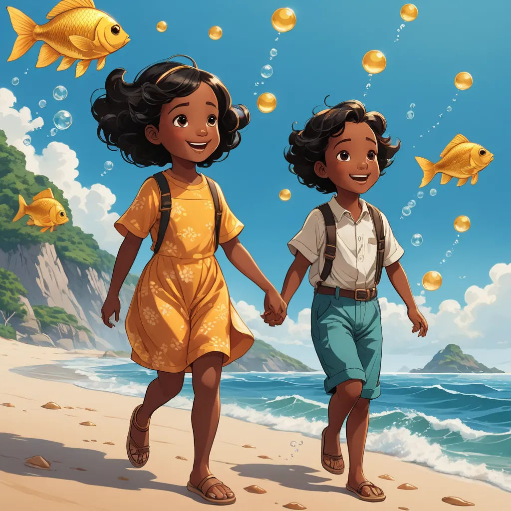 a couple of kids walking on a beach next to a body of water with gold fish floating above them, magical realism, a storybook illustration, Aaron Jasinski, promotional image