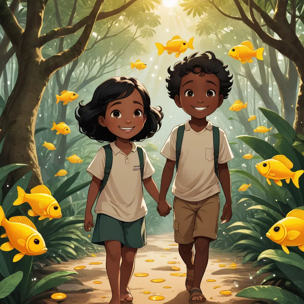 a couple of kids walking down a path in a forest with fish on the ground and trees on the ground, magical realism, a storybook illustration, Cliff Childs, official art