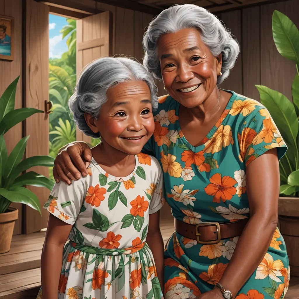 a painting of an older woman and a young girl smiling together in front of a potted plant and a wooden door, photorealism, a storybook illustration, Ada Gladys Killins, highly detailed digital painting