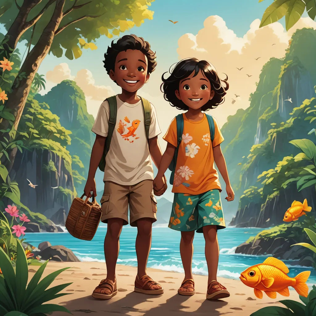 a couple of kids standing next to each other on a beach near a body of water with a fish, magical realism, a storybook illustration, Cliff Childs, rossdraws global illumination