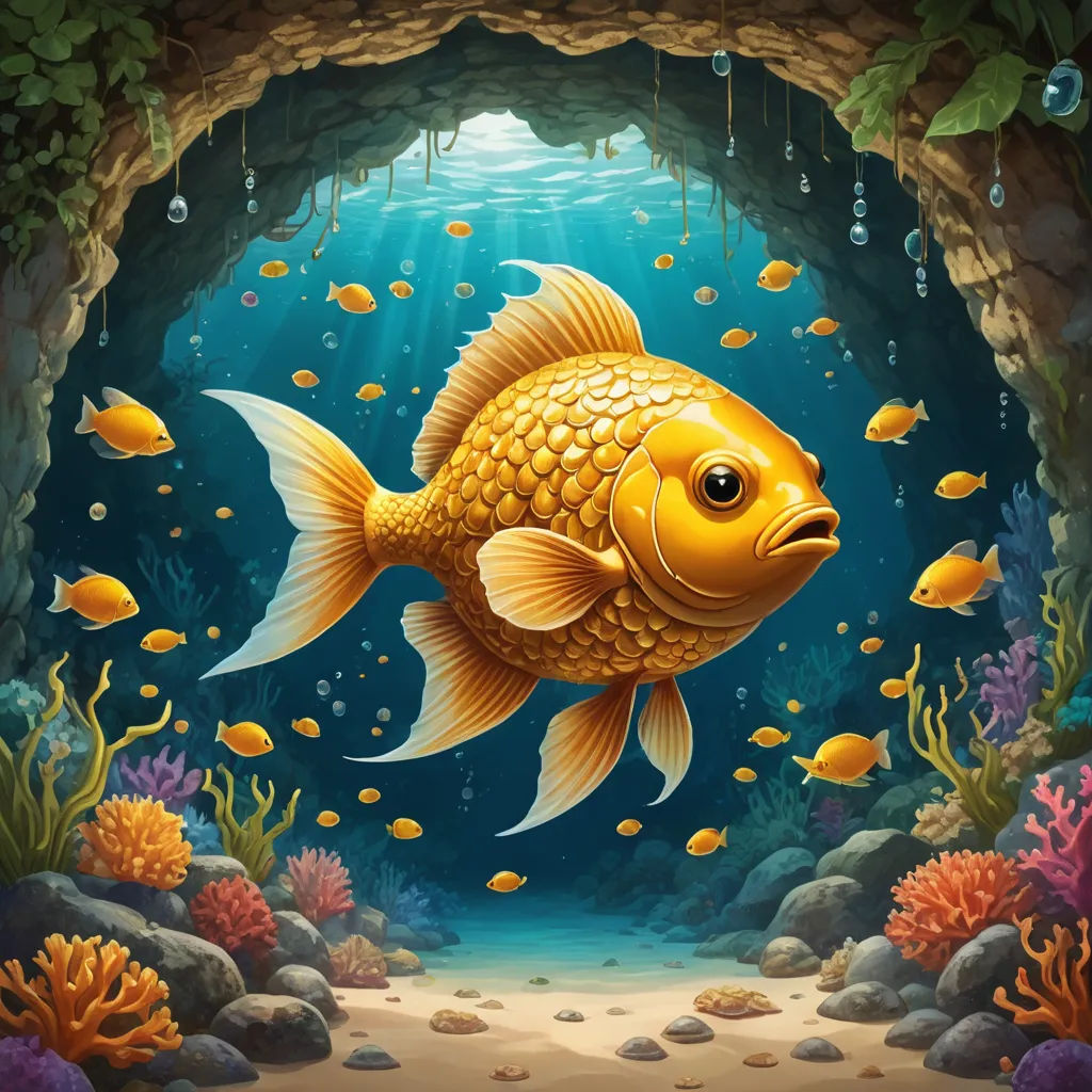 a gold fish swimming in a cave with corals and other fish around it illustration by alex krapf, fantasy art, a storybook illustration, Cyril Rolando, highly detailed digital painting