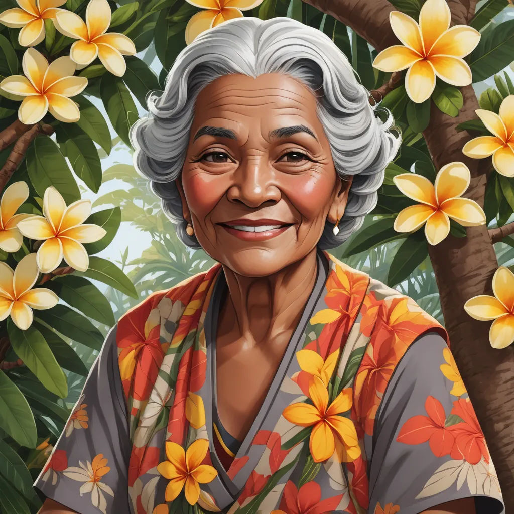 a painting of a woman in a tropical setting with flowers on the trees and a sky background with a sunbeam, digital art, a character portrait, Dorothy King, highly detailed digital painting