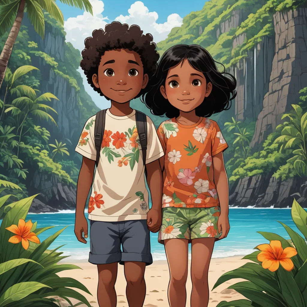 a couple of kids standing next to each other on a beach near a forest and a body of water, photorealism, concept art, Cliff Childs, official art