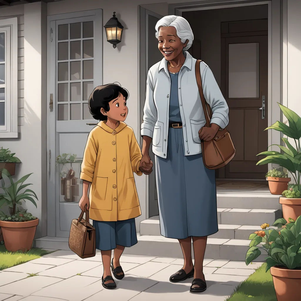 a woman and a child holding hands in front of a house with potted plants and potted plants, american scene painting, a storybook illustration, Ella Guru, promotional image