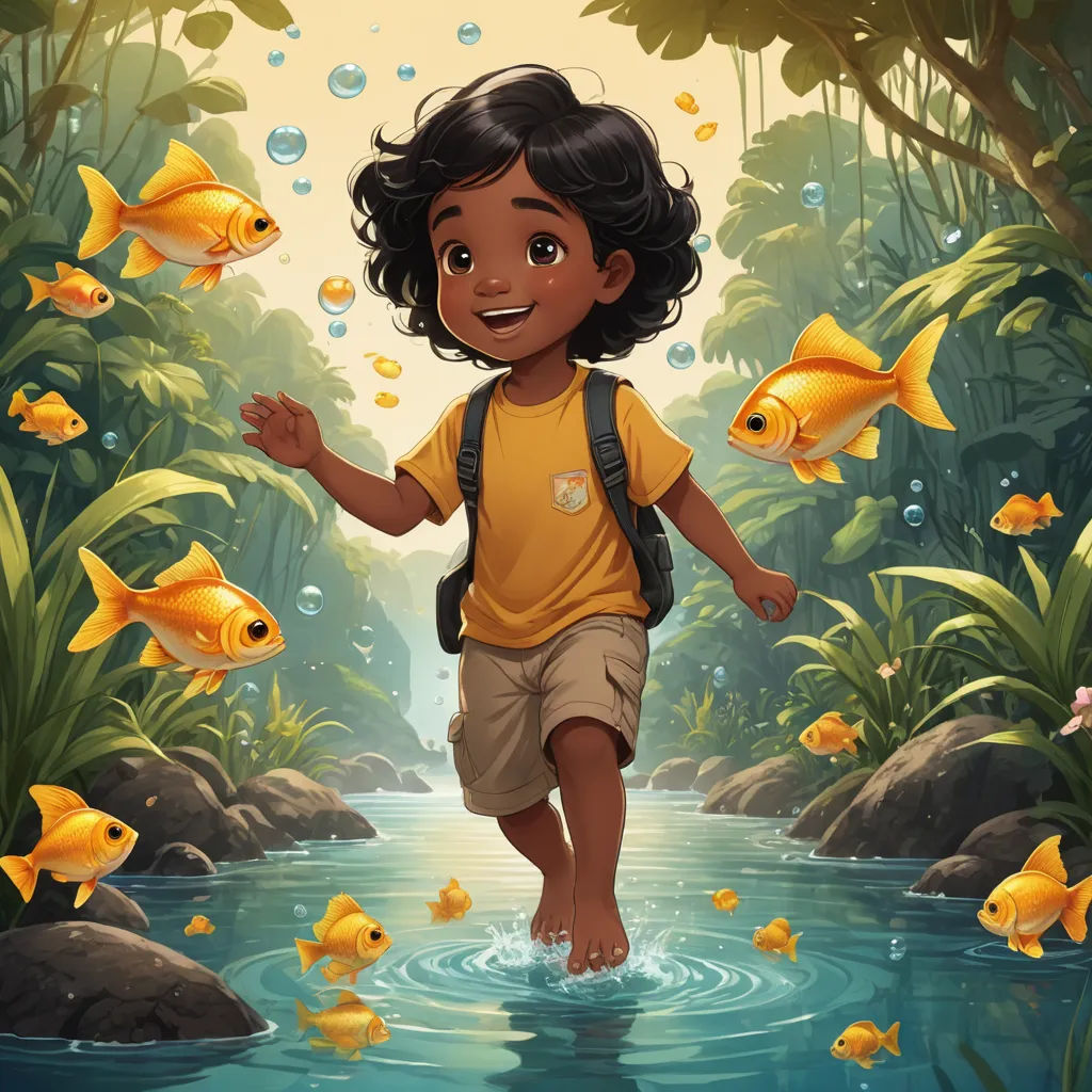 a boy is walking through a stream with goldfish in the water and a forest with trees and bushes, fantasy art, a storybook illustration, Aaron Jasinski, comic cover art