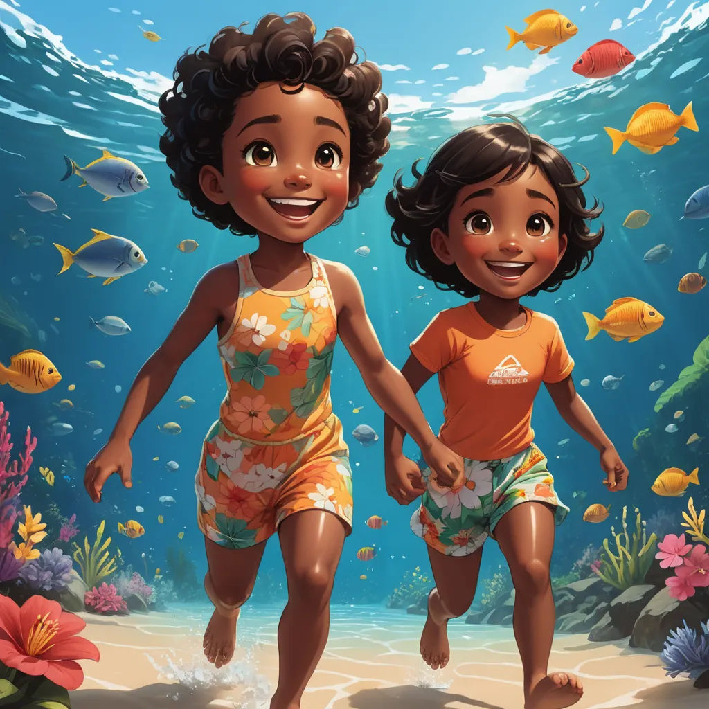 two children are walking in the water near a coral reef and fish in the background, with a blue sky and sun shining through the water, photorealism, a storybook illustration, Cliff Childs, official art