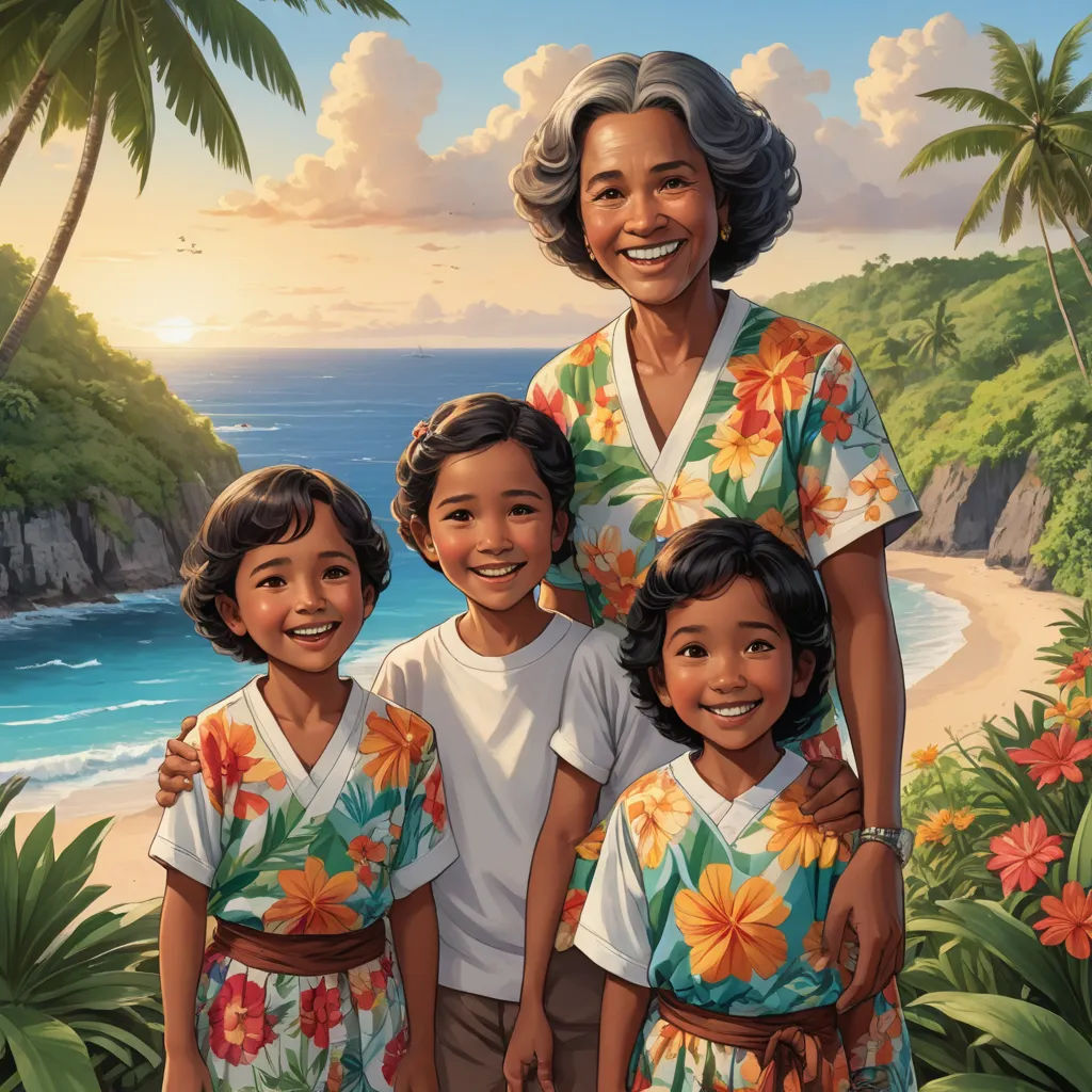 a painting of a woman and two children standing in front of a beach with palm trees and flowers on it, american scene painting, a storybook illustration, Brothers Hildebrandt, promotional image