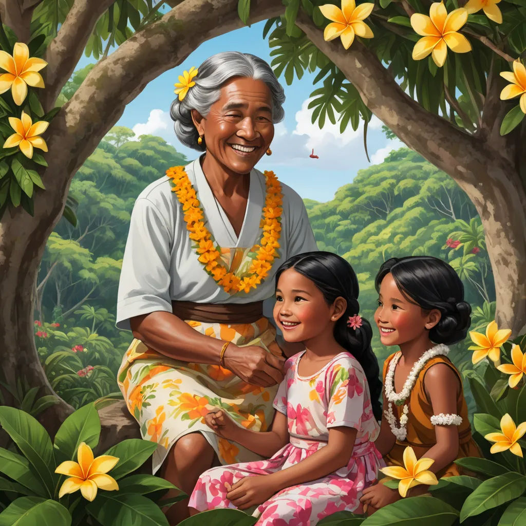 a painting of a man and two girls sitting in a tree with flowers around them and a man in a white shirt and a yellow lei, magical realism, a storybook illustration, Ella Guru, storybook illustration