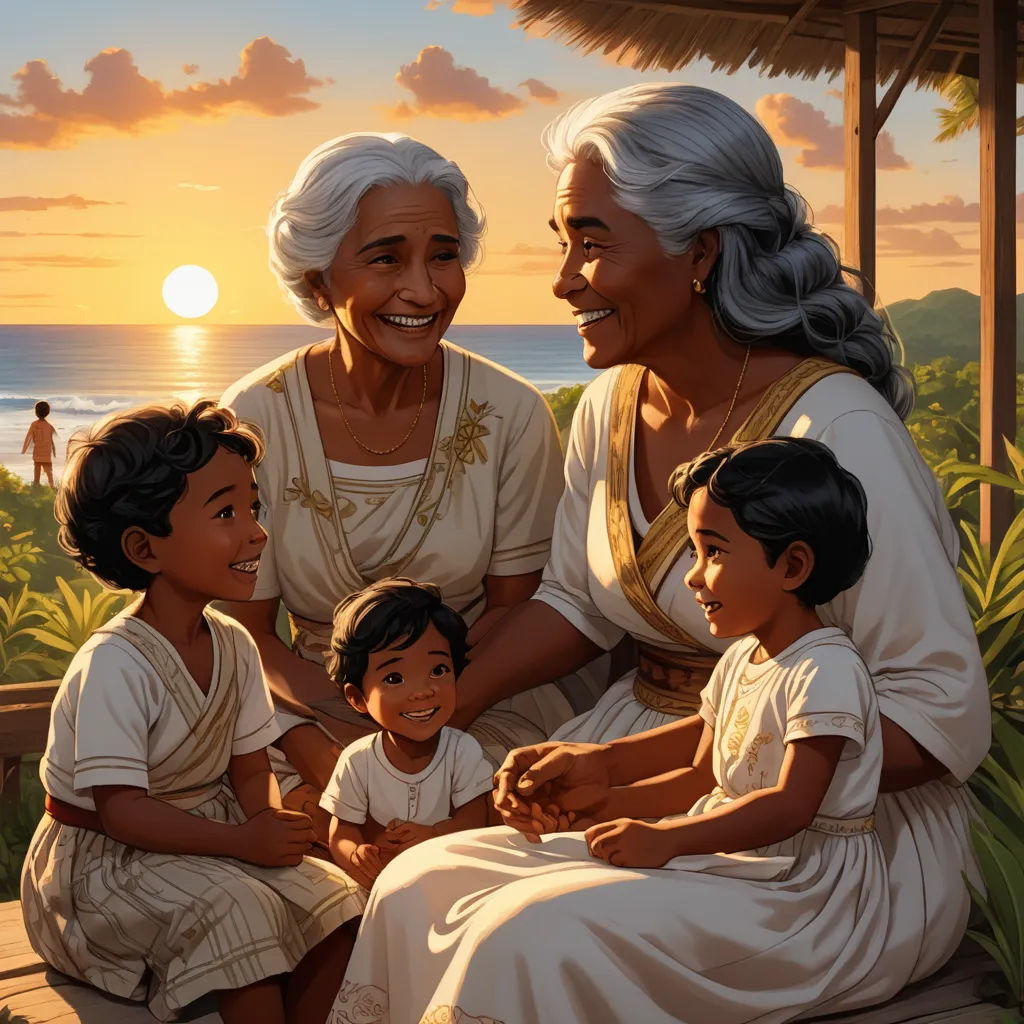 a painting of a family sitting on a bench at sunset with the sun setting behind them and the ocean in the background, sots art, a storybook illustration, Brothers Hildebrandt, storybook illustration