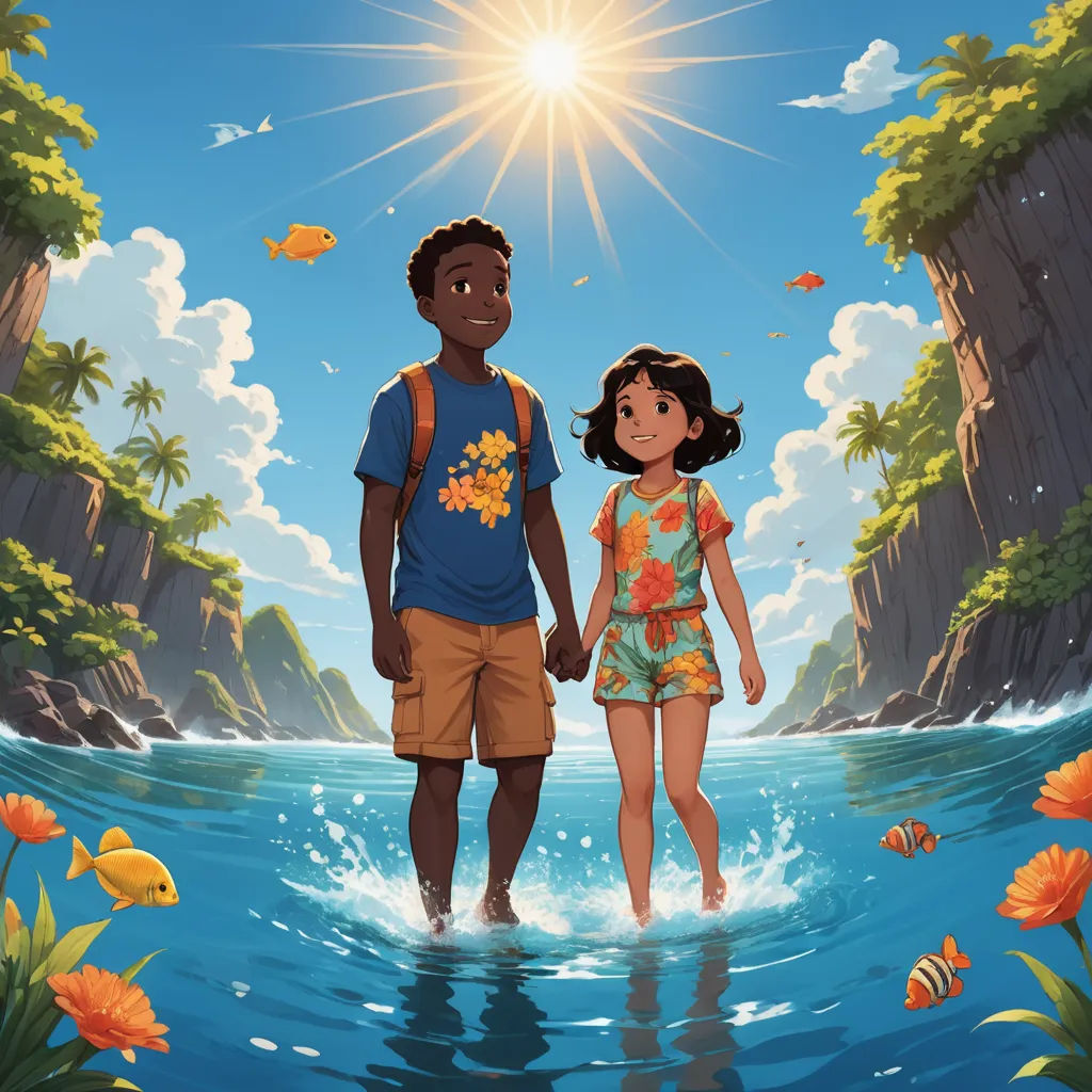 a man and a woman walking through a river holding hands and smiling at the camera with a fish in the water, afrofuturism, poster art, Cliff Childs, official art