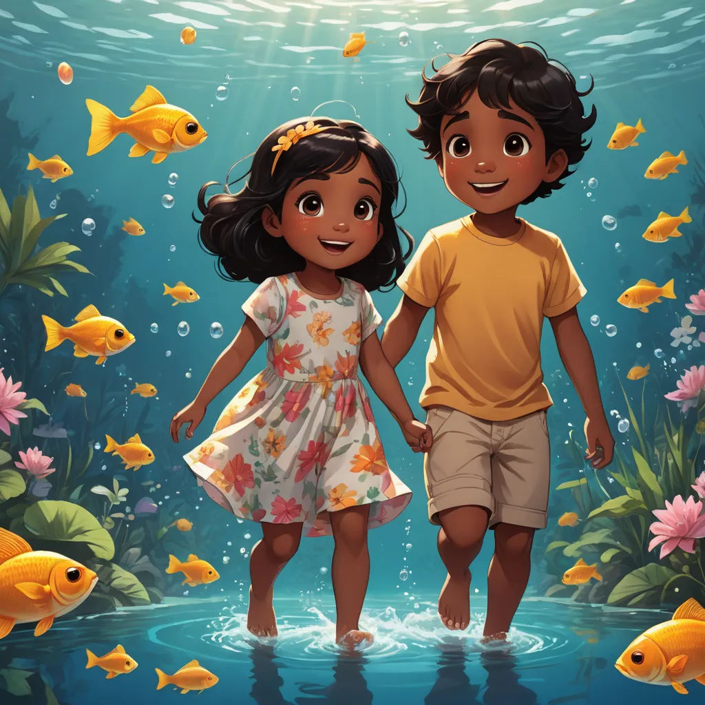 a boy and a girl are standing in the water with fish around them and a sun shining above them, magical realism, a storybook illustration, Aaron Jasinski, official art