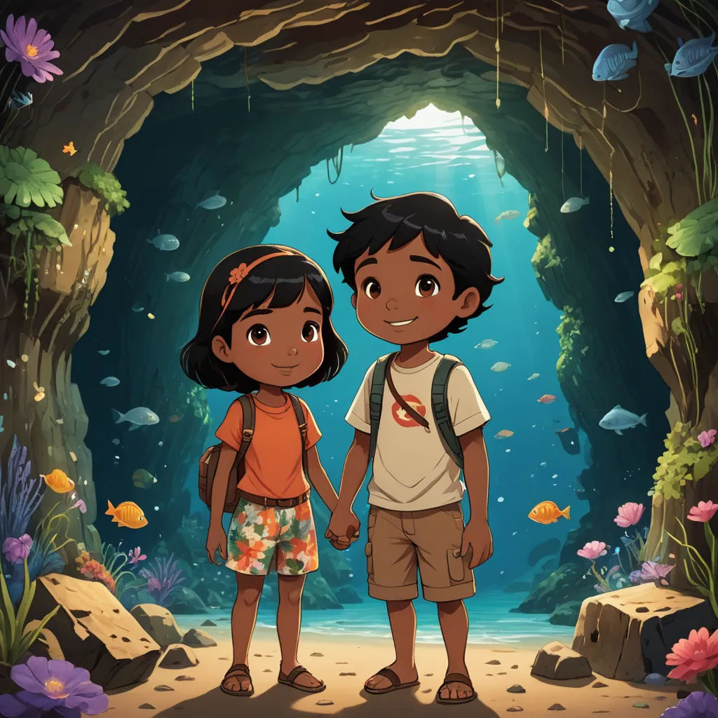 a boy and a girl standing in a cave holding hands and looking at the fish in the water below, serial art, a storybook illustration, Diego Gisbert Llorens, promotional image