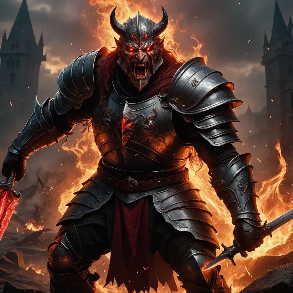 a demonic demon with a sword in his hand and a demon on his shoulder, standing in front of a fire, fantasy art, concept art, Chris Rahn, epic fantasy character art