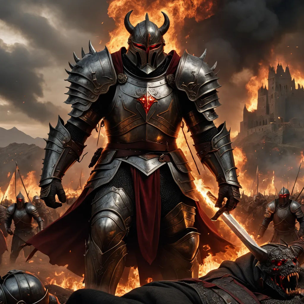 a knight in armor standing in front of a fire filled castle with a demon on his back and a demon on his foot, fantasy art, a detailed matte painting, Anne Stokes, dark fantasy art