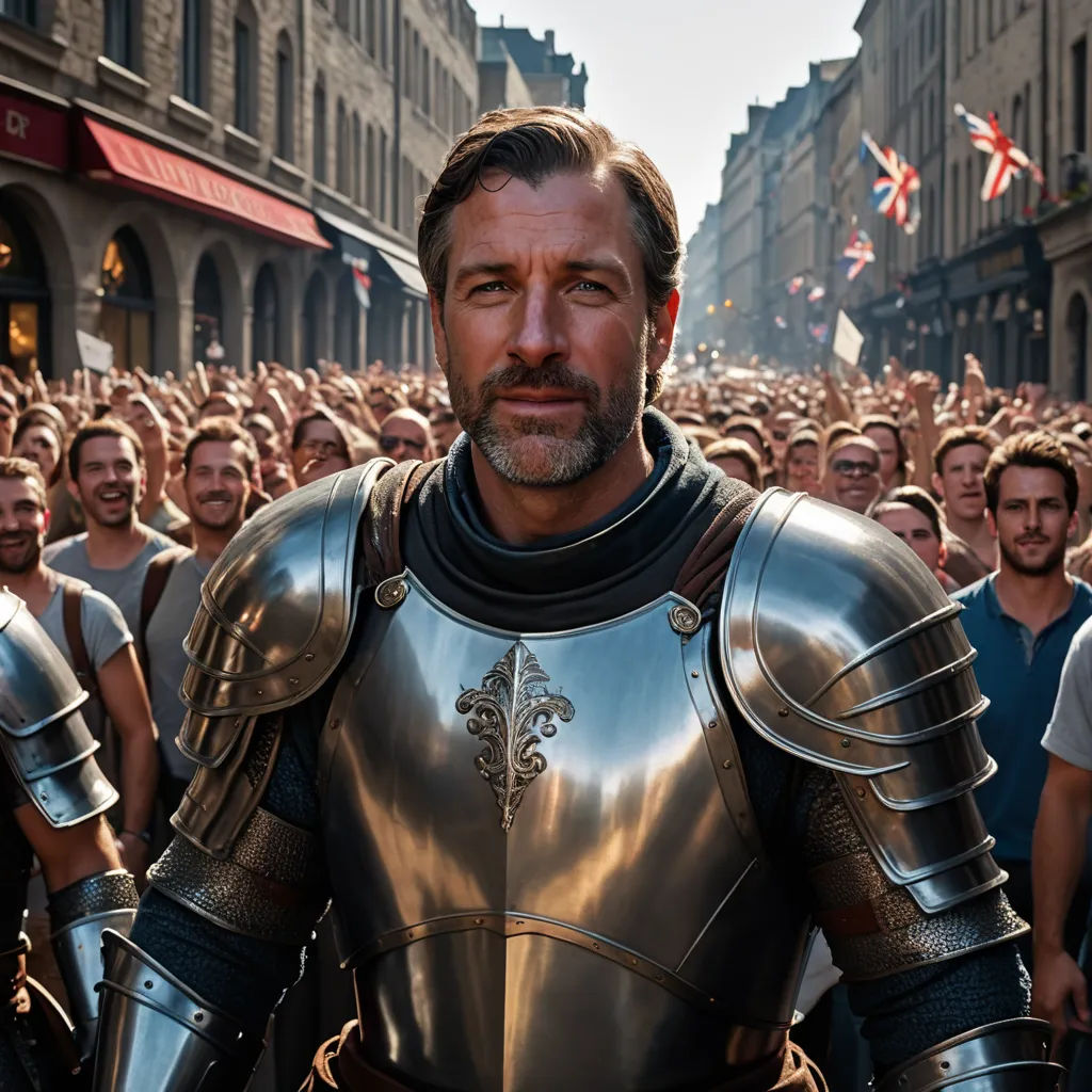 a man in a suit of armor standing in front of a crowd of people in a city street with flags, antipodeans, a renaissance painting, Clovis Trouille, vfx