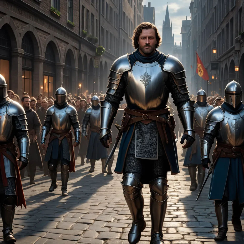 a group of men in armor walking down a street next to tall buildings and a clock tower in the background, antipodeans, a detailed matte painting, Edward Clark, medieval