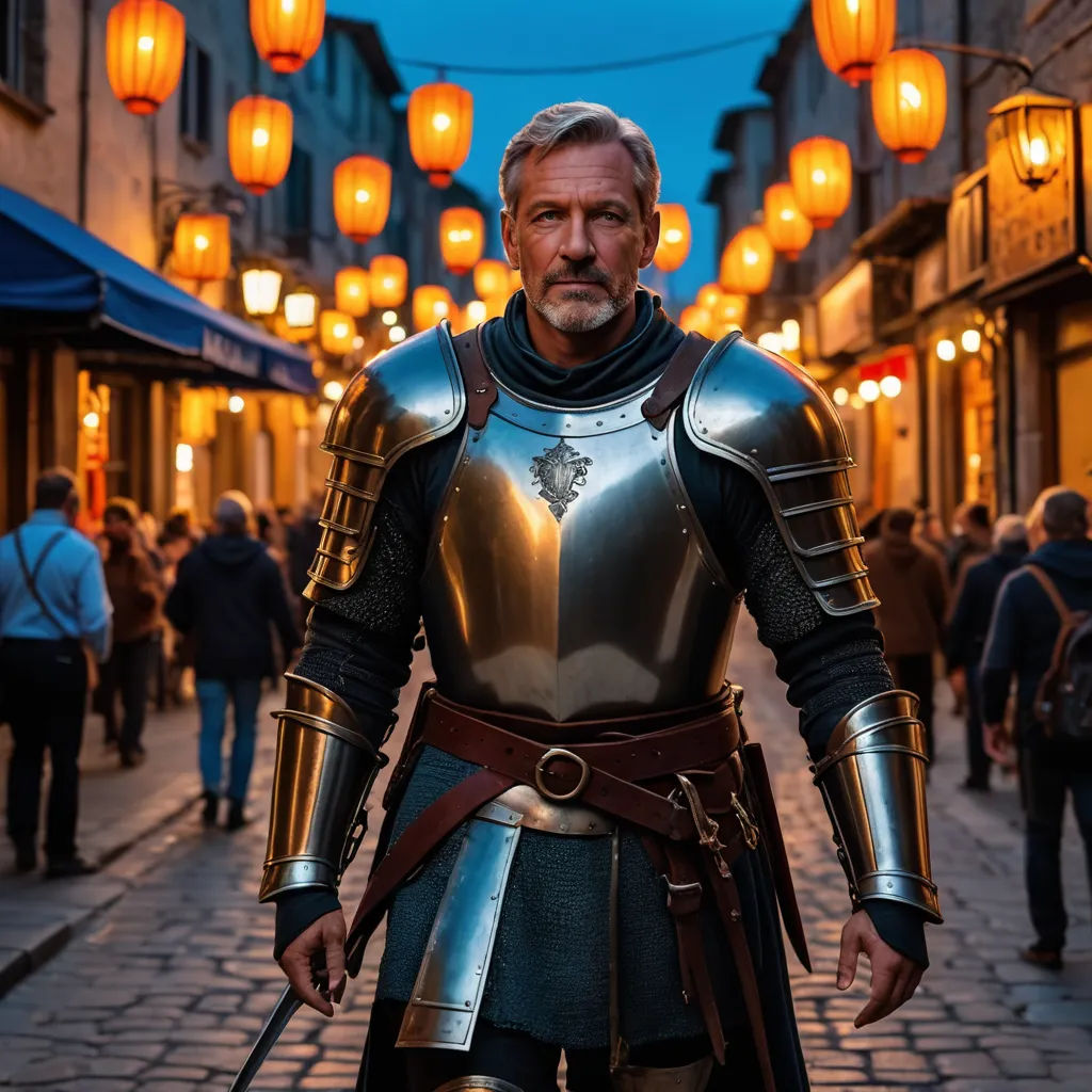 a man in a knight costume is standing on a street with lanterns in the background and a man in a suit of armor, romanesque, a character portrait, Eric de Kolb, medieval