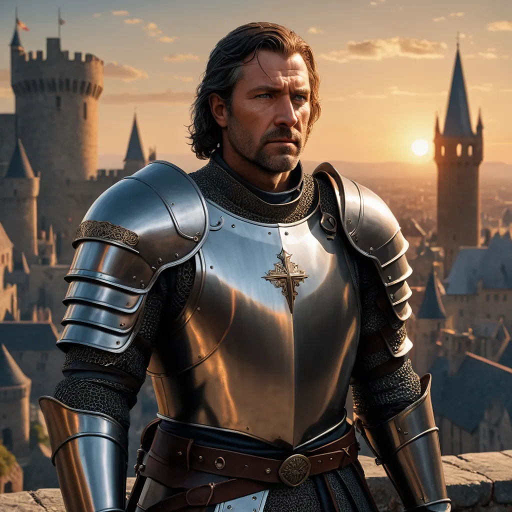 a man in a suit of armor standing on a castle wall with a sunset in the background and a castle in the background, sots art, computer graphics, Cedric Seaut (Keos Masons), unreal engine highly rendered