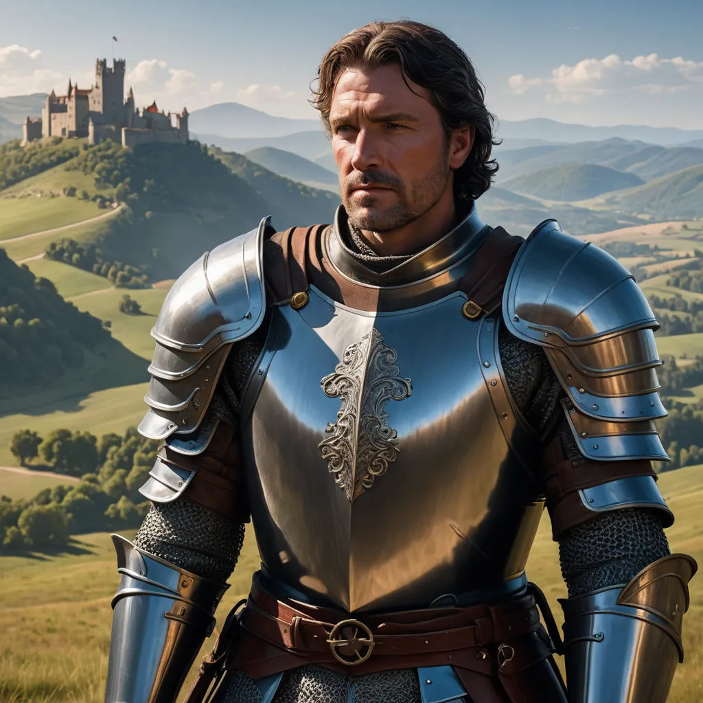 a man in a suit of armor standing in a field with a castle in the background and hills in the distance, fantasy art, a detailed matte painting, Alfons von Czibulka, medieval