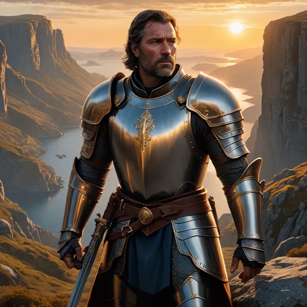 a man in a suit of armor standing on a mountain top with a sunset in the background and a river running through the valley, fantasy art, a detailed matte painting, Clint Cearley, epic fantasy character art