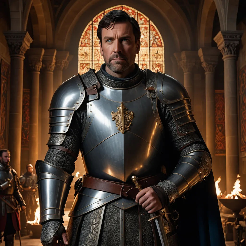 a man in a suit of armor standing in a room with a stained glass window behind him and a sword in his hand, renaissance, a character portrait, Andrea Mantegna, promotional image