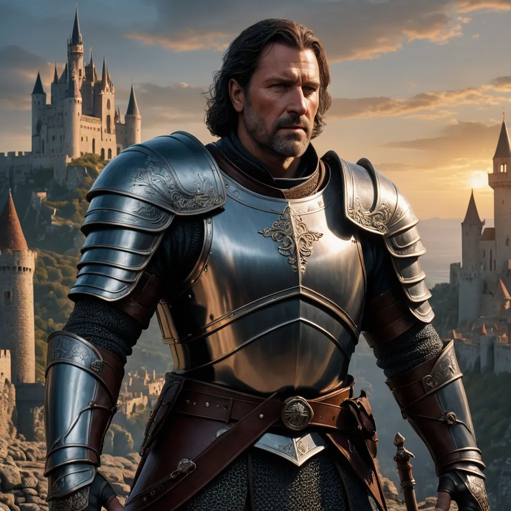 a man in a suit of armor standing in front of a castle at sunset with a castle in the background, fantasy art, a detailed matte painting, Andor Basch, unreal engine highly rendered