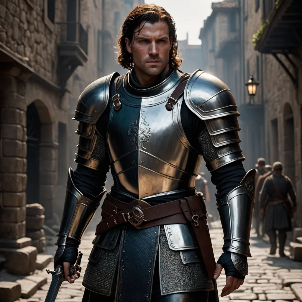 a man in a suit of armor is standing on a cobblestone street with a sword in his hand, renaissance, a character portrait, Dirk Crabeth, medieval