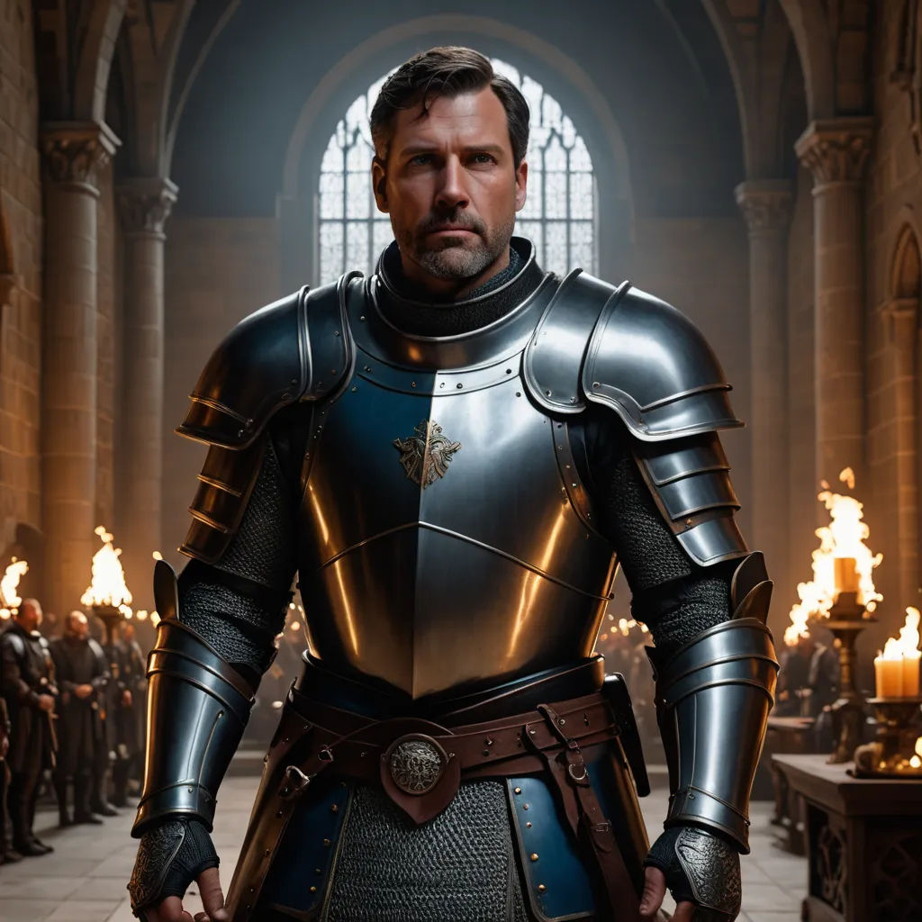 a man in a suit of armor standing in a room with a lot of people around him and a candle in the background, renaissance, a character portrait, Edward Otho Cresap Ord, II, promotional image