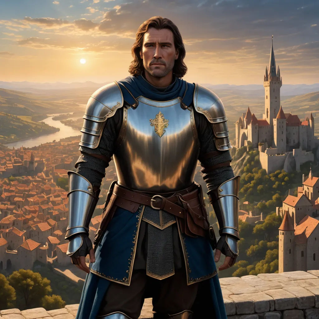 a man in a suit of armor standing on a wall with a city in the background and a castle in the background, sots art, concept art, Cedric Seaut (Keos Masons), epic fantasy character art
