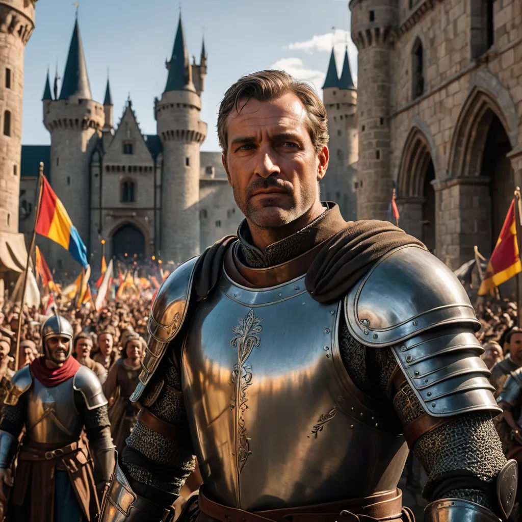 a man in a suit of armor standing in front of a crowd of people in front of a castle, renaissance, a renaissance painting, Edward Otho Cresap Ord, II, promotional image