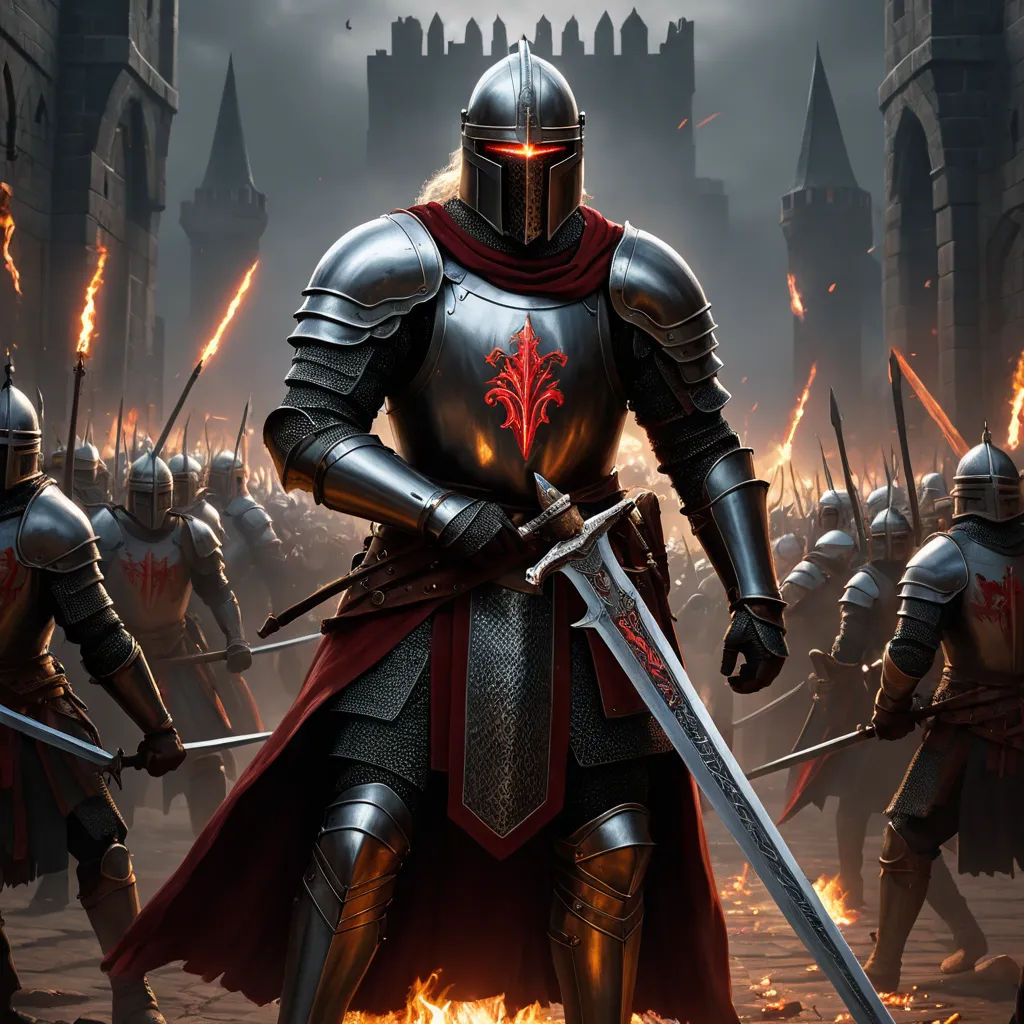 a group of knights in full armor with flames in the background and a castle in the background with a dark sky, antipodeans, concept art, Clint Cearley, medieval