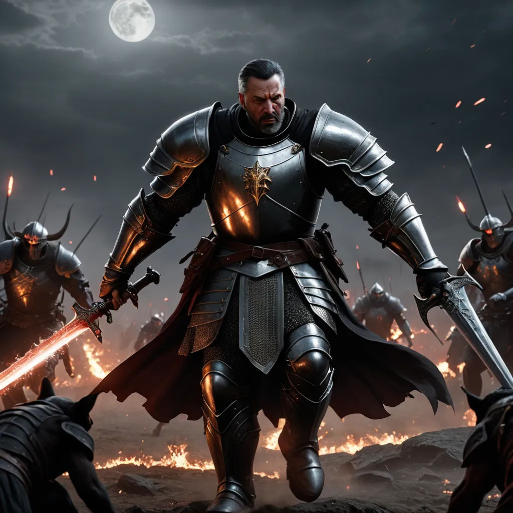 a group of knights standing on top of a field of fire and smoke in front of a full moon, antipodeans, computer graphics, Cedric Peyravernay, unreal engine 5