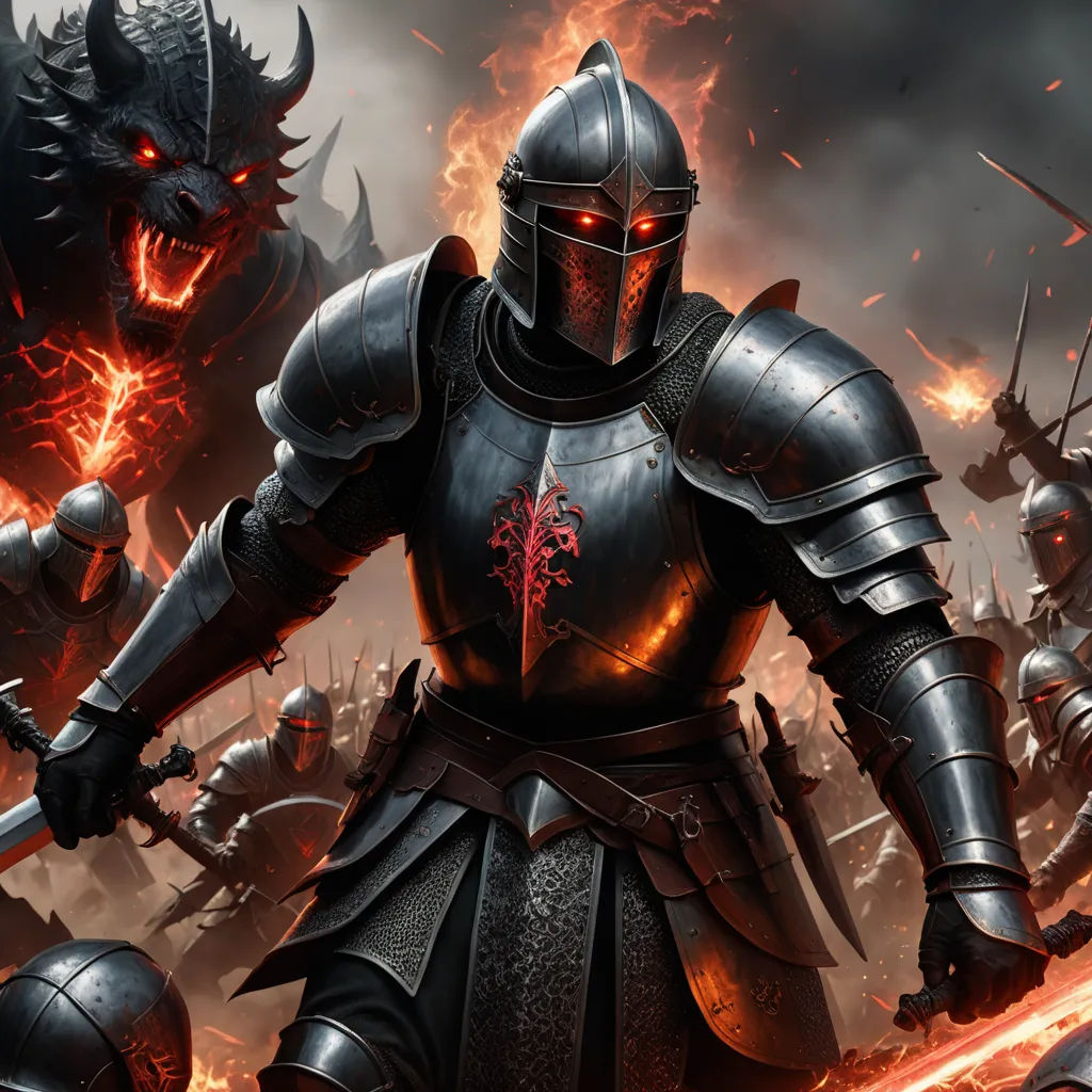 a knight in a battle with a dragon in the background and a demon in the foreground, with a fire in the background, fantasy art, concept art, Anne Stokes, epic fantasy character art