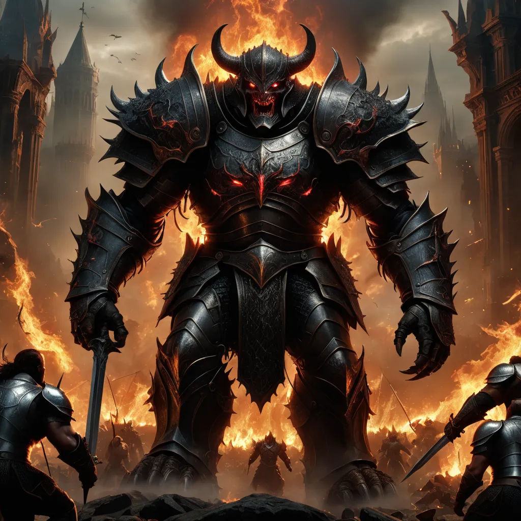 a demonic looking demon standing in front of a bunch of flames and flames in the air with two men holding swords, fantasy art, concept art, Anne Stokes, dark fantasy art