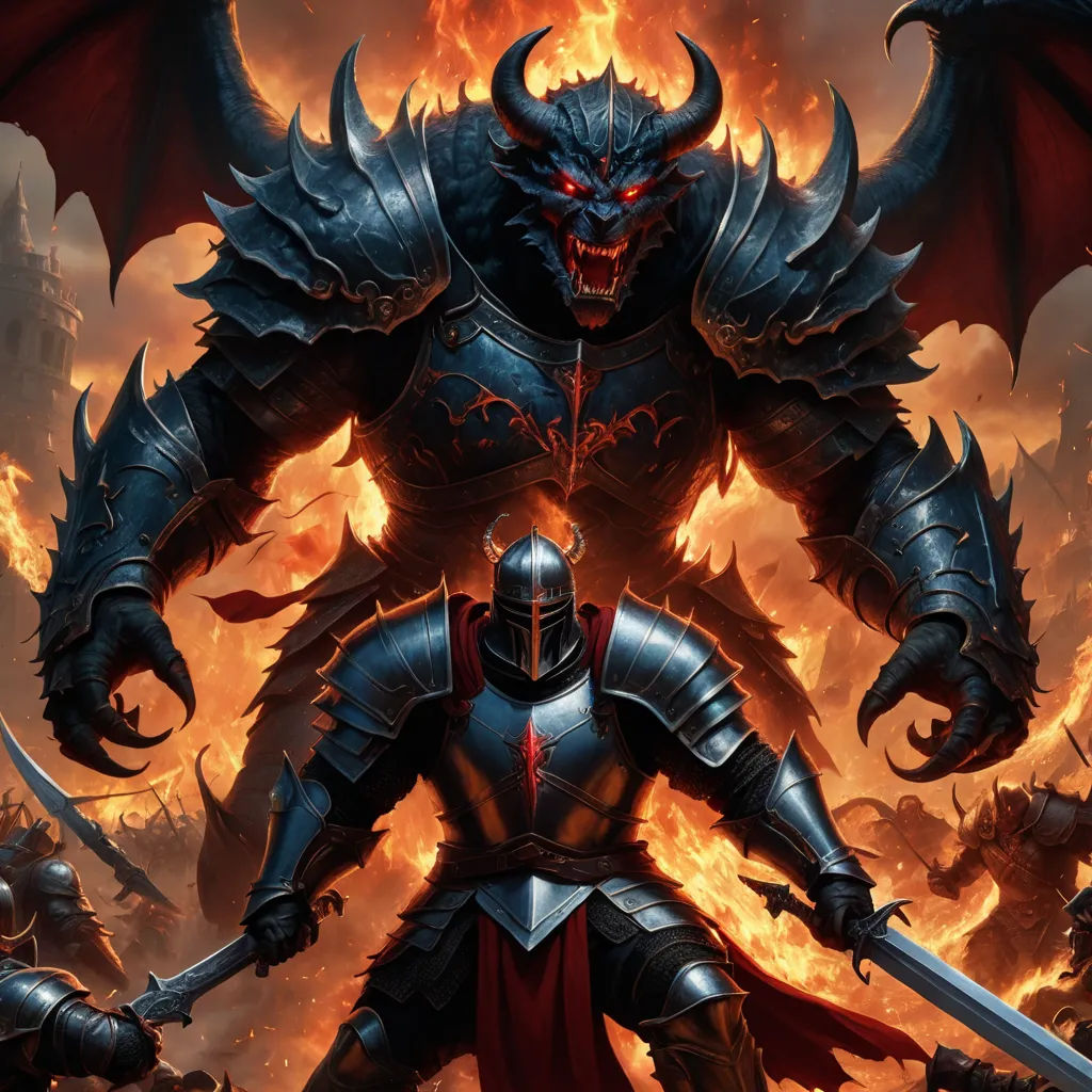 a demonic knight standing in front of a fire filled sky with a demon on his back and a sword in his hand, fantasy art, a detailed painting, Anne Stokes, dark fantasy art
