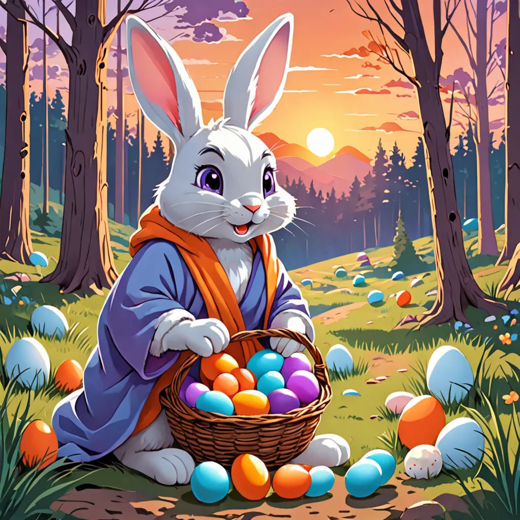 a cartoon bunny with a basket of eggs in the woods at sunset or sunrise with a forest background and trees, furry art, poster art, Dan Mumford, official art