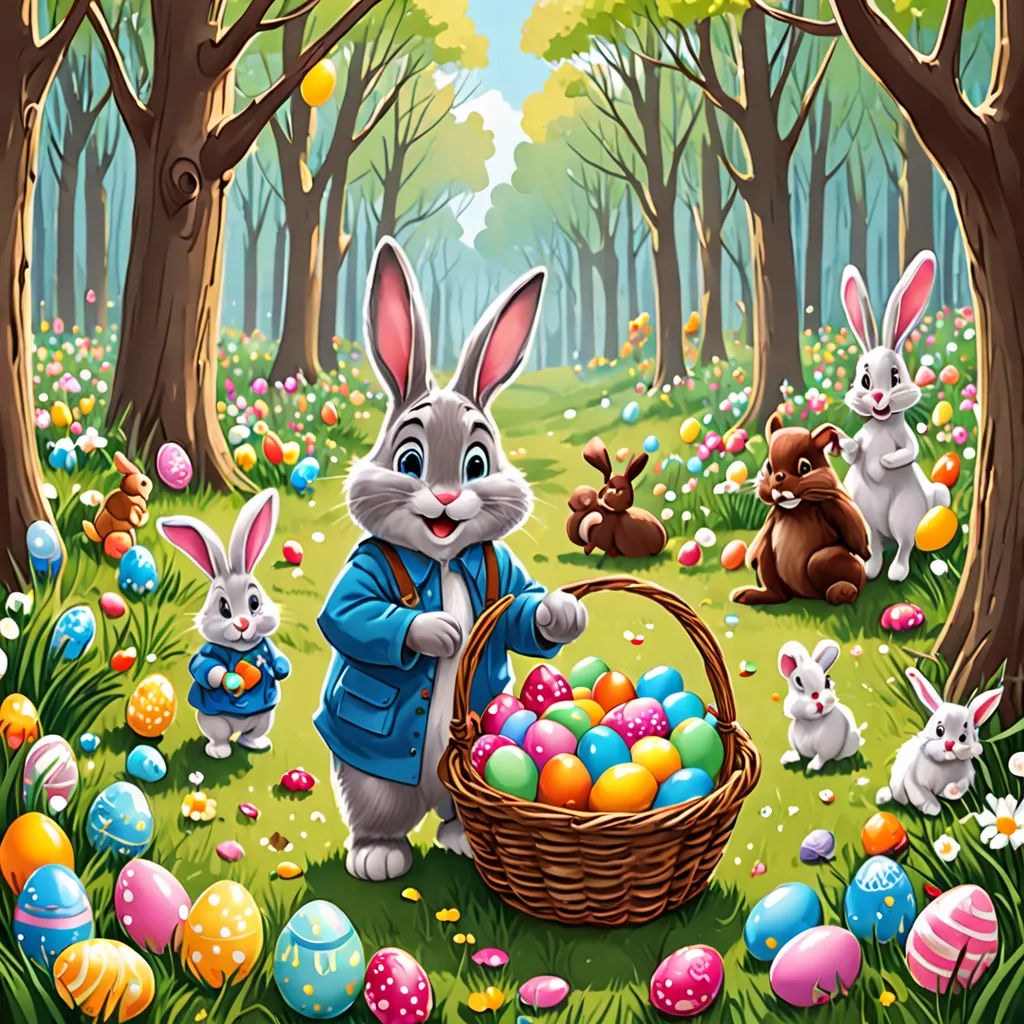 a painting of a bunny with a basket of eggs in a forest with other bunnies and other animals, naive art, a digital rendering, Dan Mumford, official art