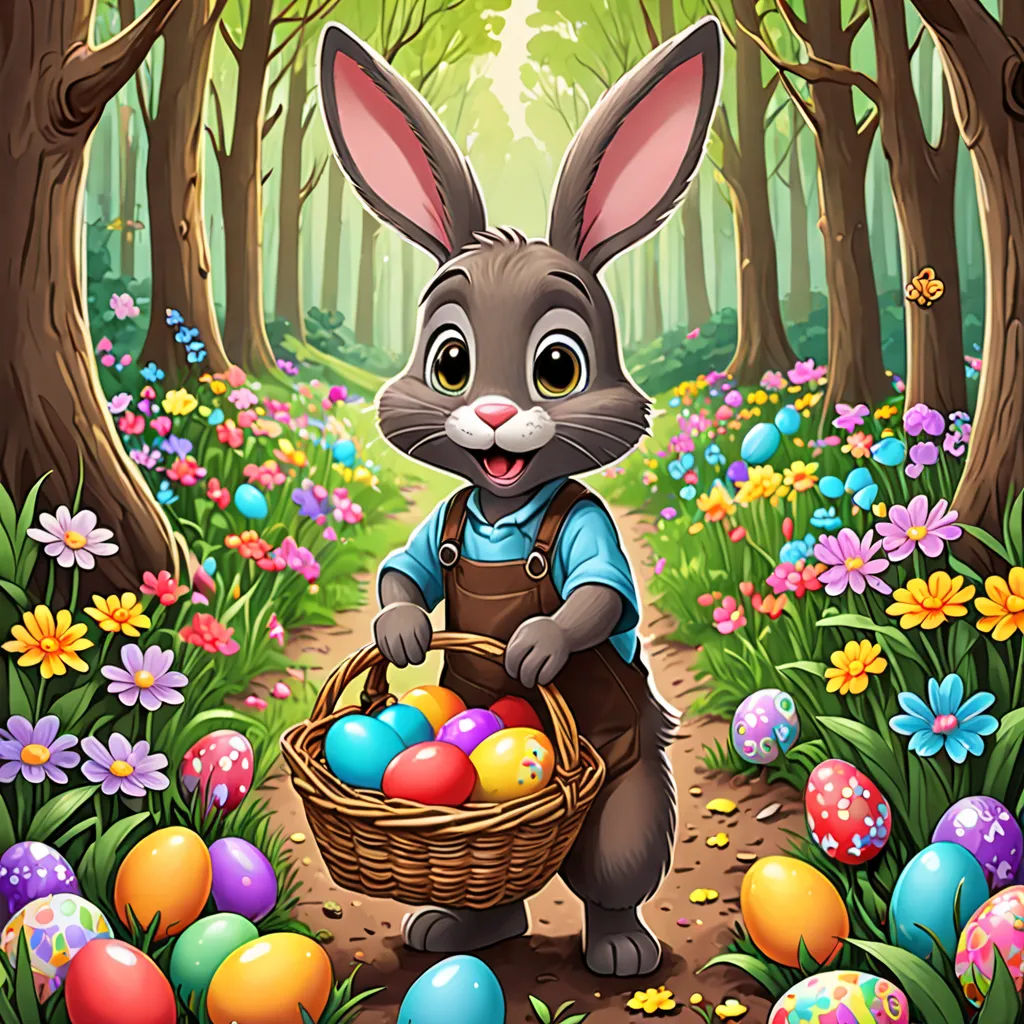 a rabbit with a basket of eggs in the forest with flowers and butterflies around it, with a forest background, naive art, a storybook illustration, Beatrix Potter, behance hd