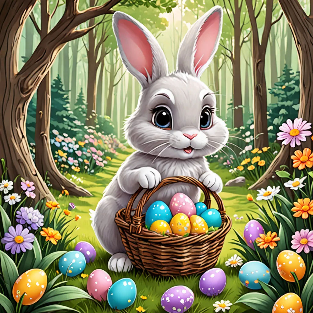 a white rabbit sitting in a forest with eggs in a basket and daisies around it, with a forest background, furry art, a character portrait, Anne Stokes, highly detailed digital art