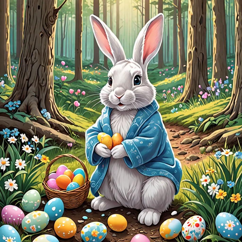 a painting of a bunny holding an egg in a forest with eggs in the grass and flowers around it, furry art, a digital rendering, Dan Mumford, official art