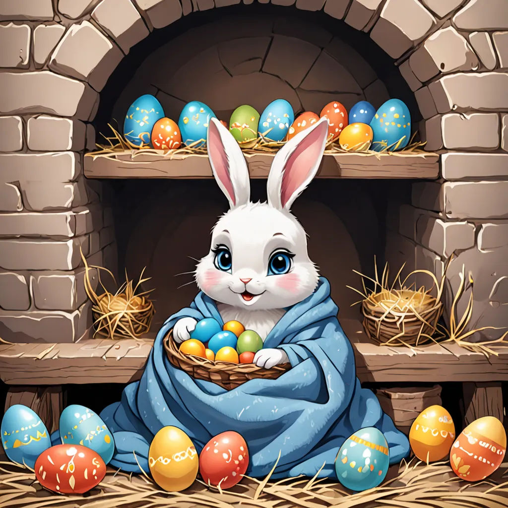 a rabbit wrapped in a blanket with eggs in front of a fireplace with hay and straw on the floor, fantasy art, a storybook illustration, Anne Stokes, highly detailed digital painting