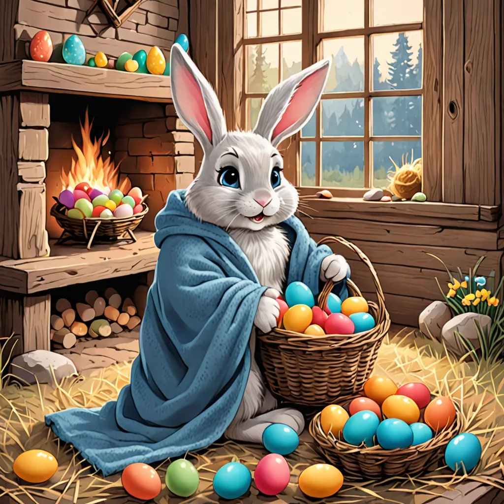 a painting of a bunny with a blanket and eggs in a basket in front of a fireplace with a fireplace, furry art, a storybook illustration, Dan Mumford, official art