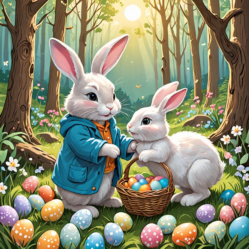 a painting of two rabbits in a forest with eggs in a basket and a man in a blue jacket, naive art, a detailed painting, Anne Stokes, official art