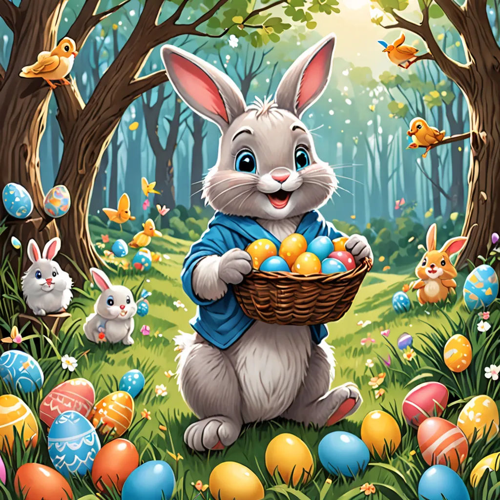 a painting of a bunny holding a basket of eggs in a forest with other bunnies and birds around, furry art, a storybook illustration, Dan Mumford, official art